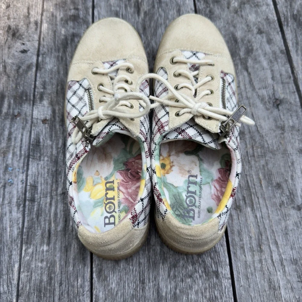 Women's BORN‎ Tamara Plaid Checkered Leather Zip Sneakers-Tan-Size 8.5
